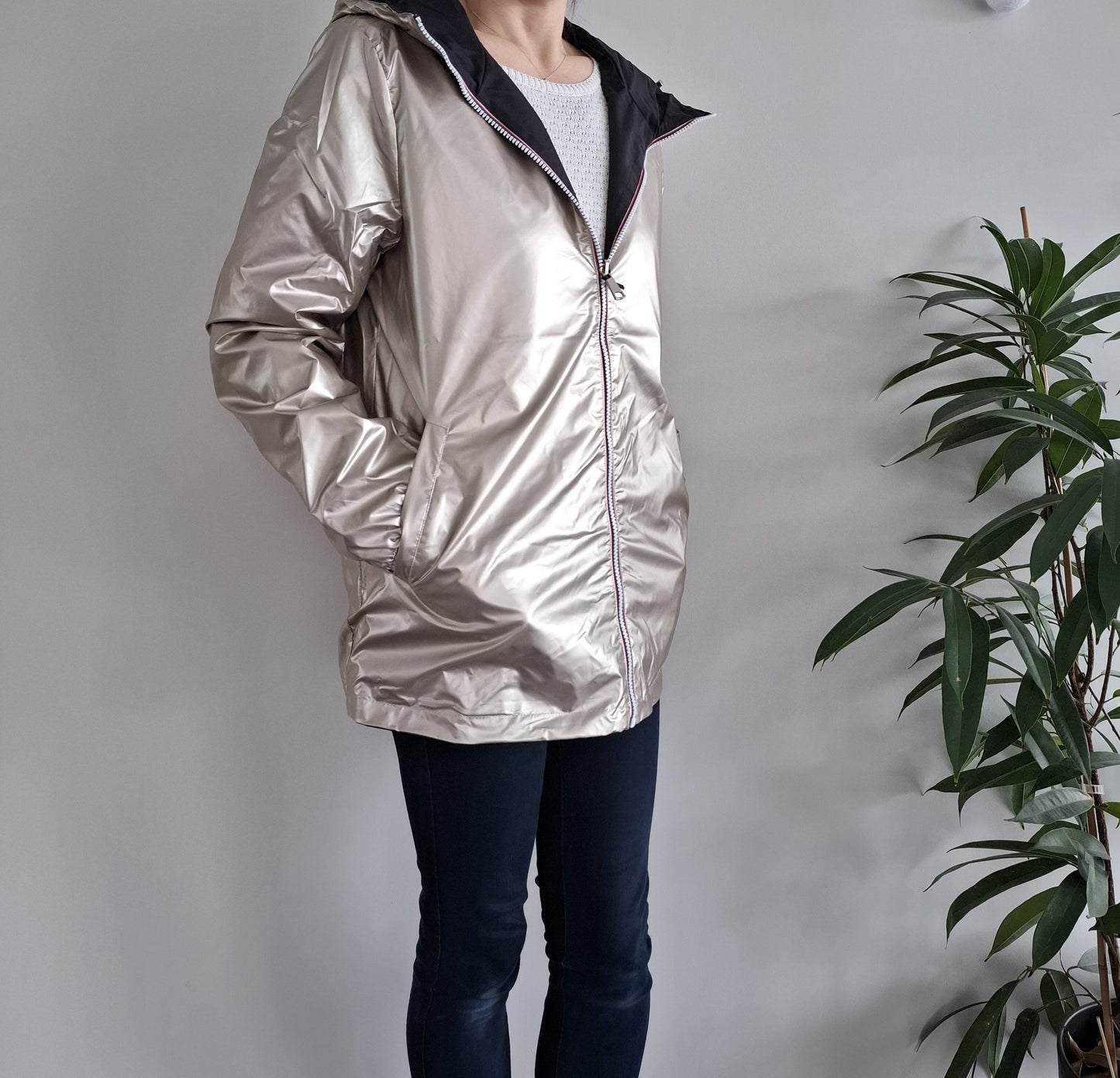 Manteau imperméable réversible mi-long léger Noir/doré