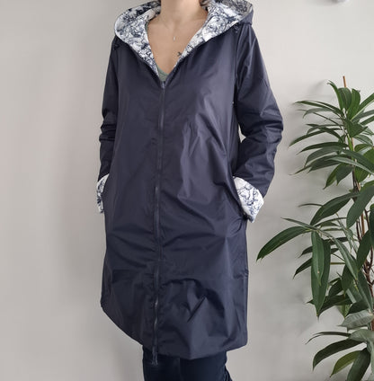 Laura Jo - Imperméable bleu marine réversible motif jungle long mi-saison garnissage ouate