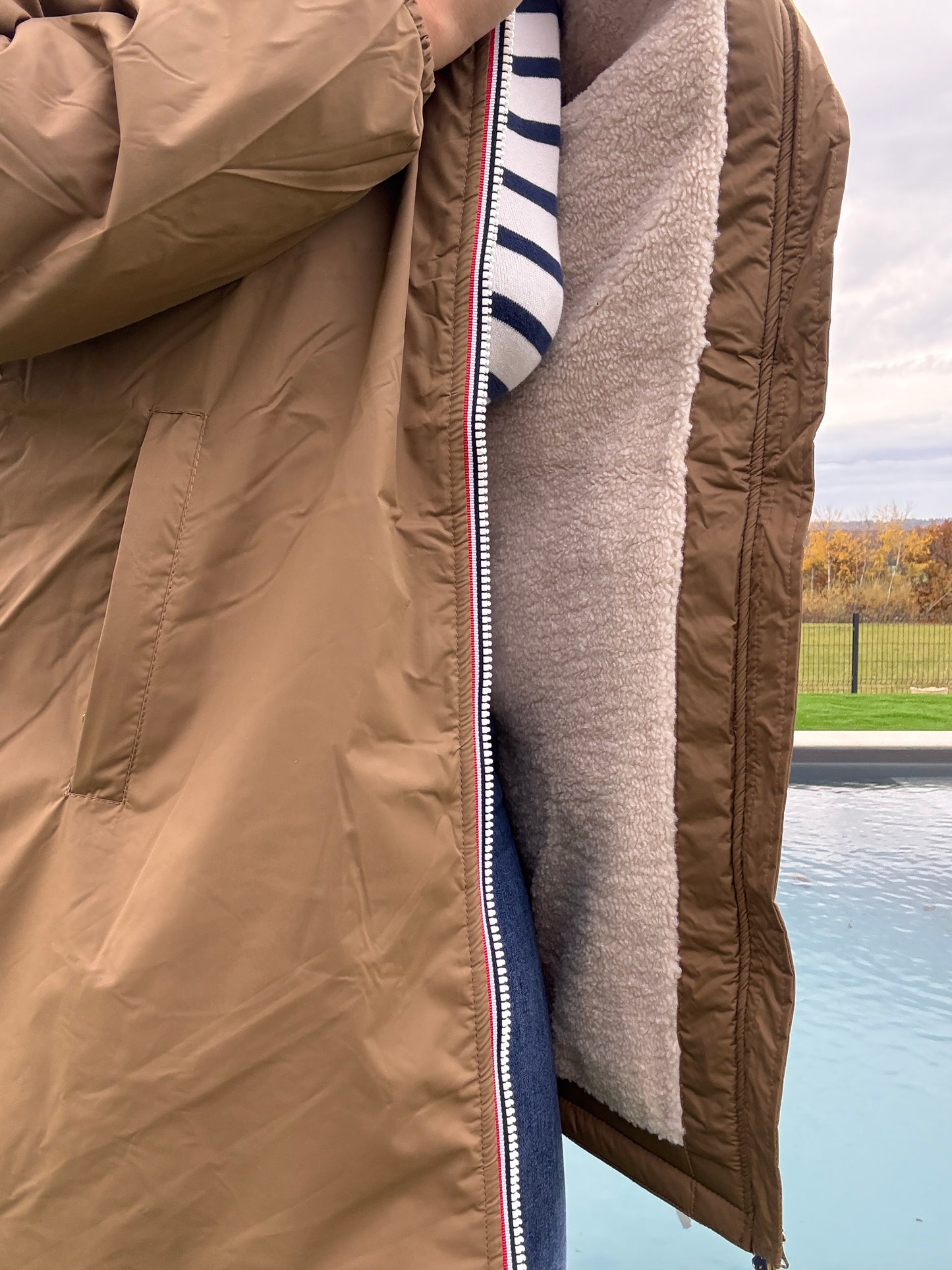 Laura Jo - Imperméable fourré long fausse fourrure camel intérieur sherpa beige