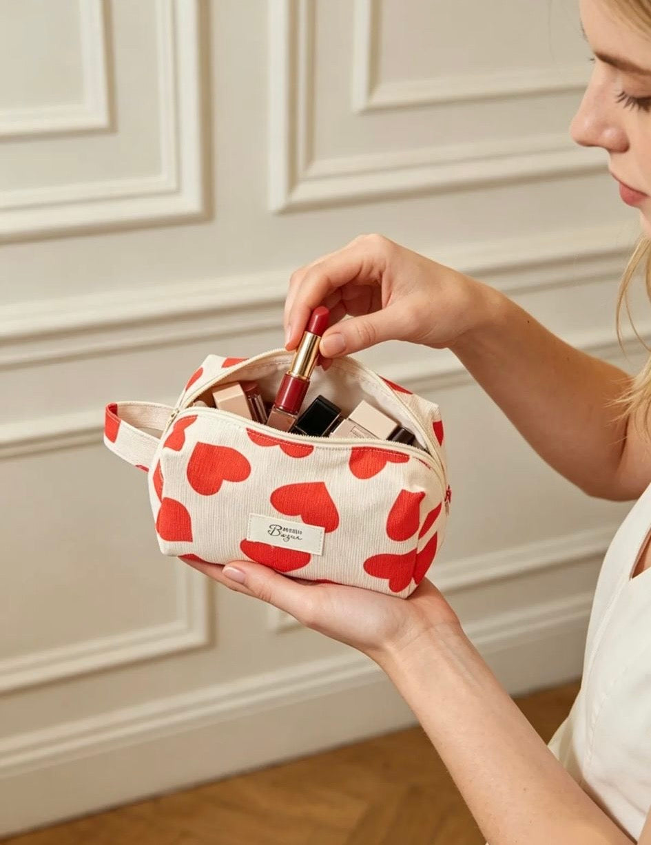 Trousse de Maquillage Femme Motif Cœurs – Pochette Cosmétique Zippée Tendance | Le Petit Placard