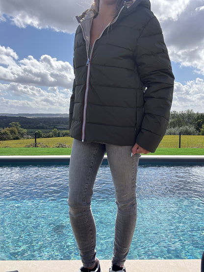 Doudoune manteau imperméable court réversible matelassé kaki doré