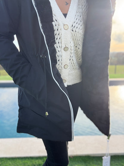 New Lolo - Manteau long noir réversible imperméable fourré fausse fourrure avec un cordon de resserrage à la taille - Curvy