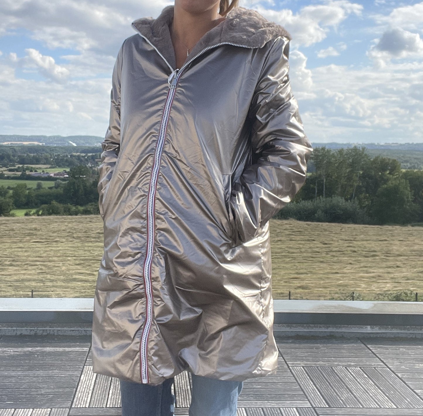 Melya Melody - Manteau long fourré fausse fourrure réversible imperméable bronze - Curvy