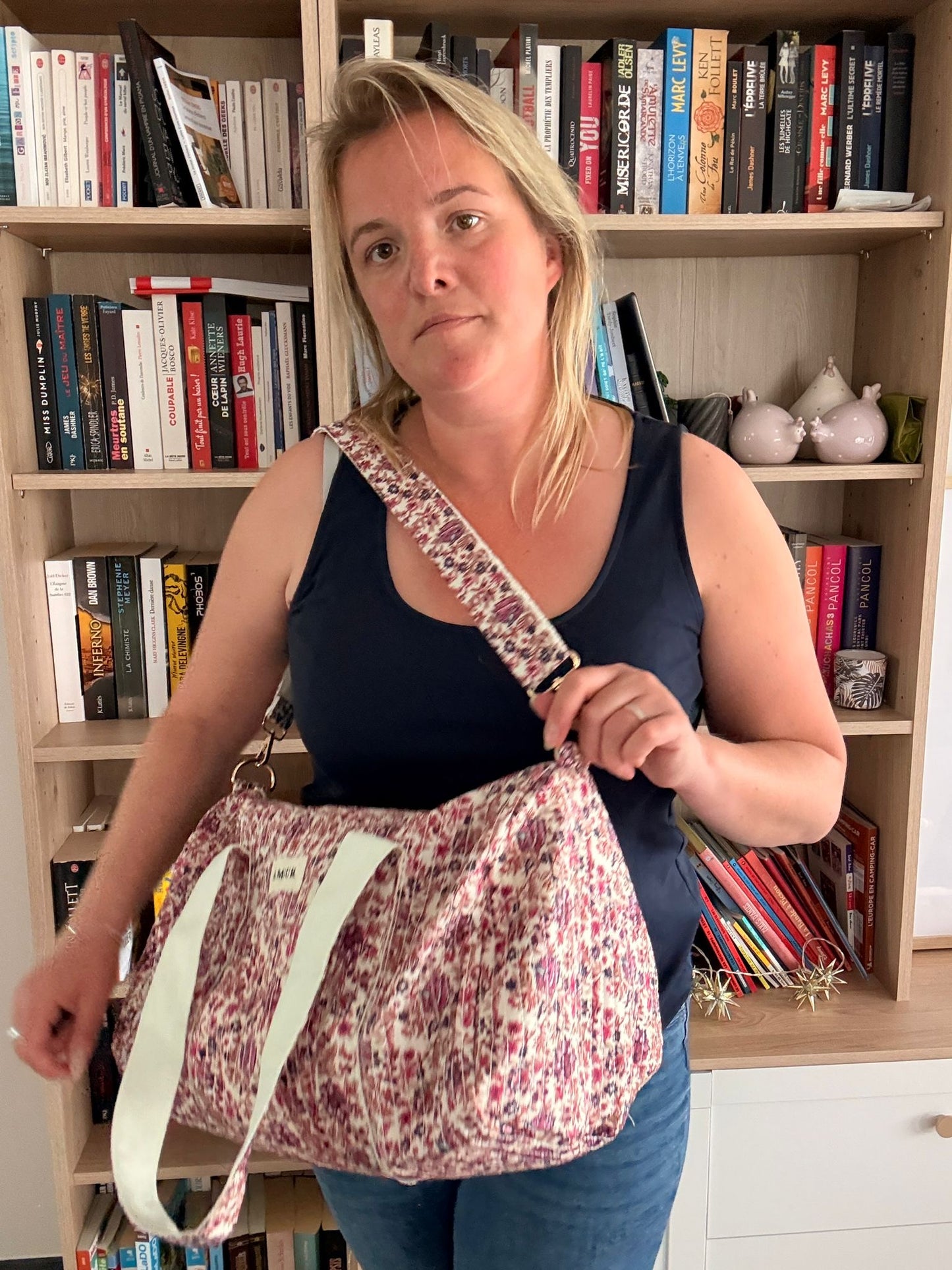 Sac Polochon "Amour" – Coton Matelassé Fleuri Rose & Bordeaux