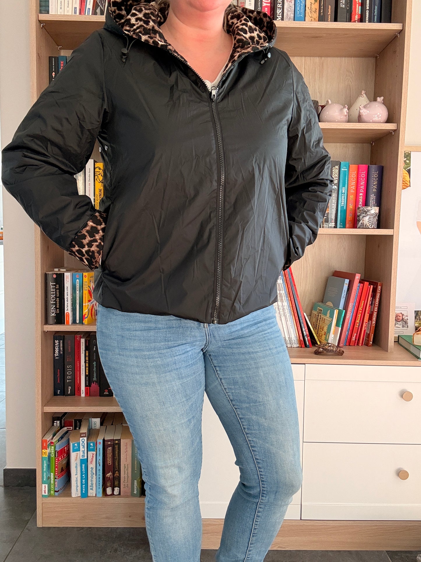 Laura Jo - Imperméable noir réversible léopard court mi-saison garnissage ouate