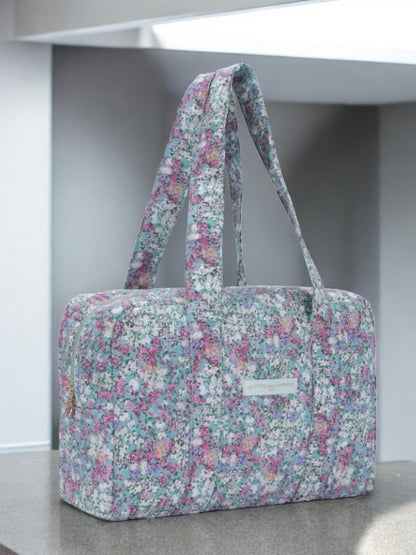 Sac week-end polochon en coton matelassé multicolore liberty fleuri rouge et blanc