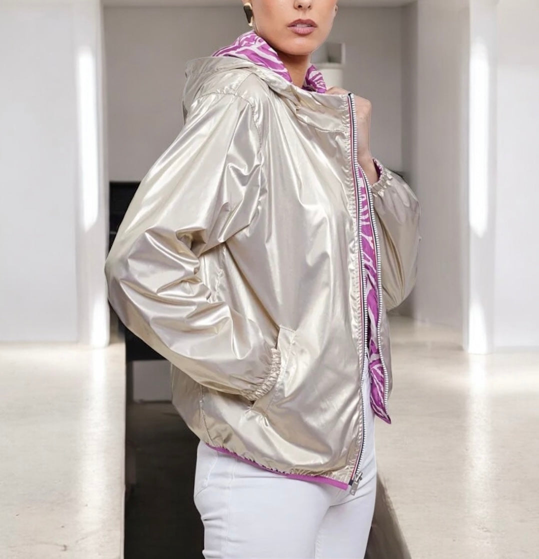 Escandelle - Manteau court imperméable zébré violet réversible doré