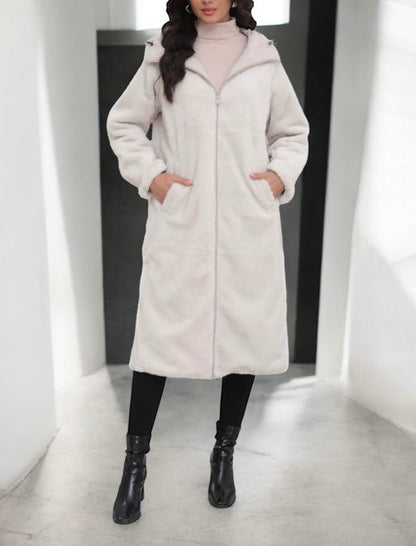 Melya Melody - Manteau long réversible blanc crème fausse fourrure avec capuche et cordons de serrage à la taille