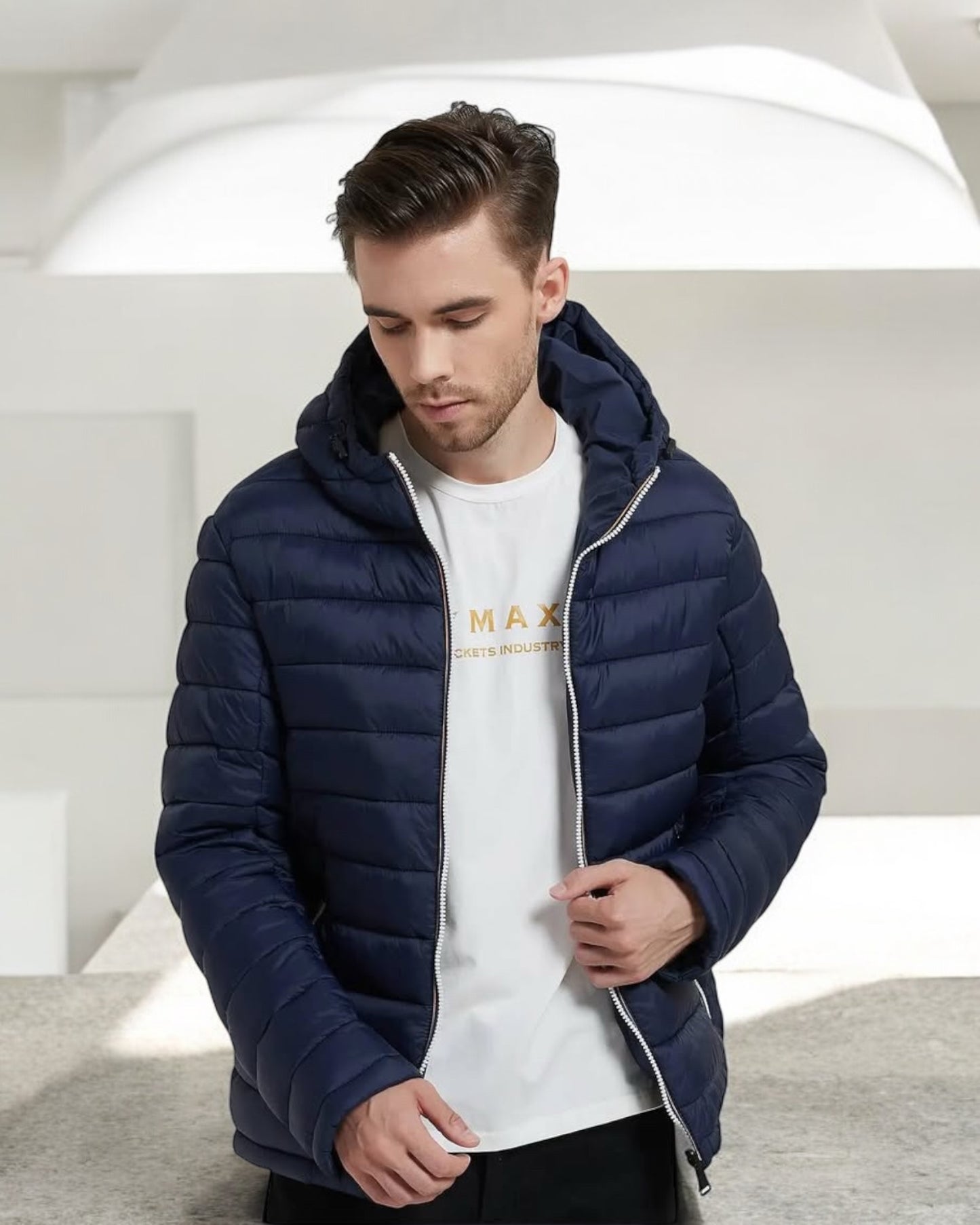 Doudoune à capuche HOMME courte imperméable et réversible matelassé bleu marine