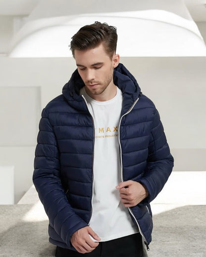 Nouveautés - Doudoune à capuche HOMME courte imperméable et réversible matelassé bleu marine