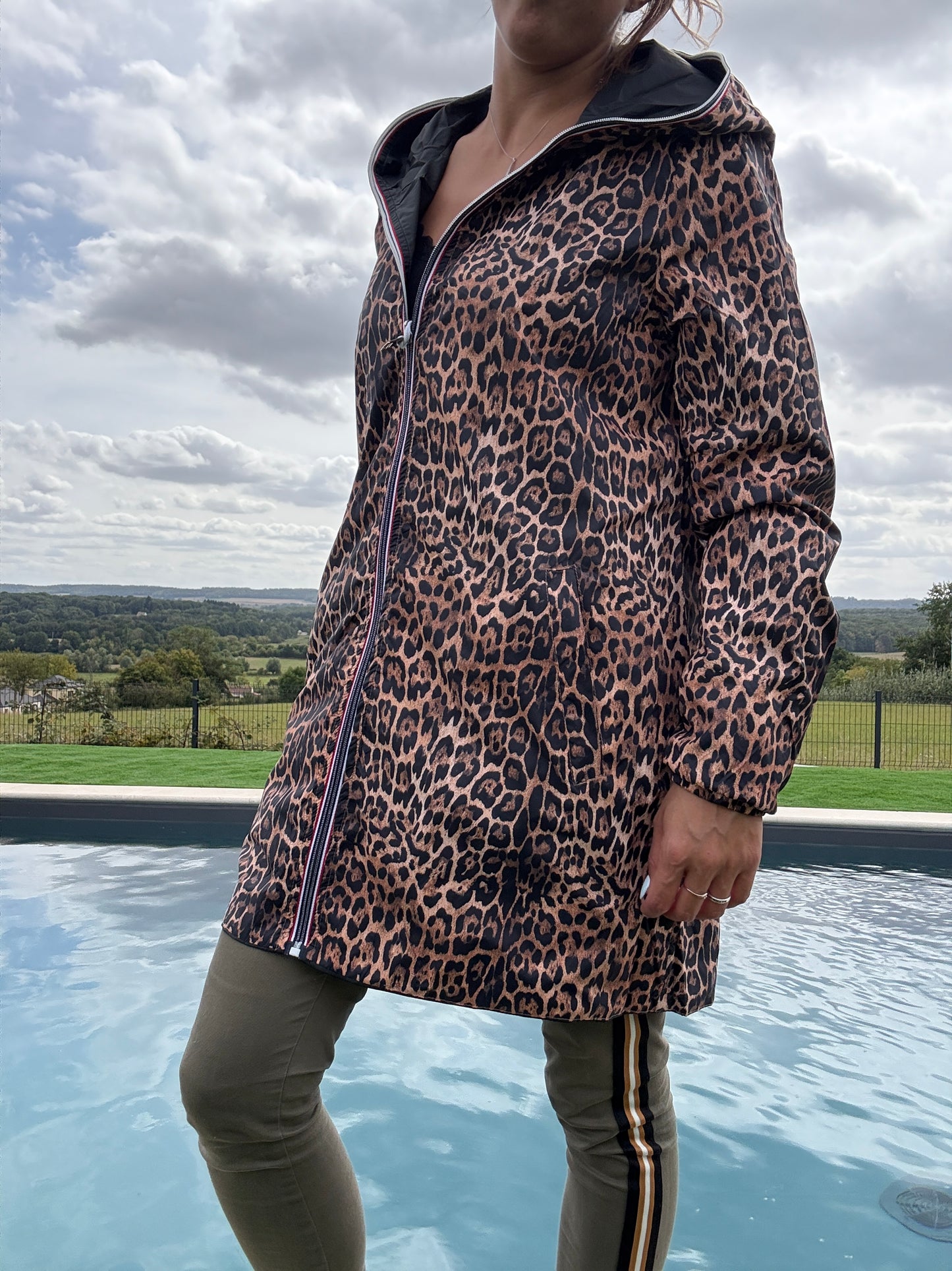 New Lolo - Imperméable réversible long sans garnissage ouate couleur noir/léopard