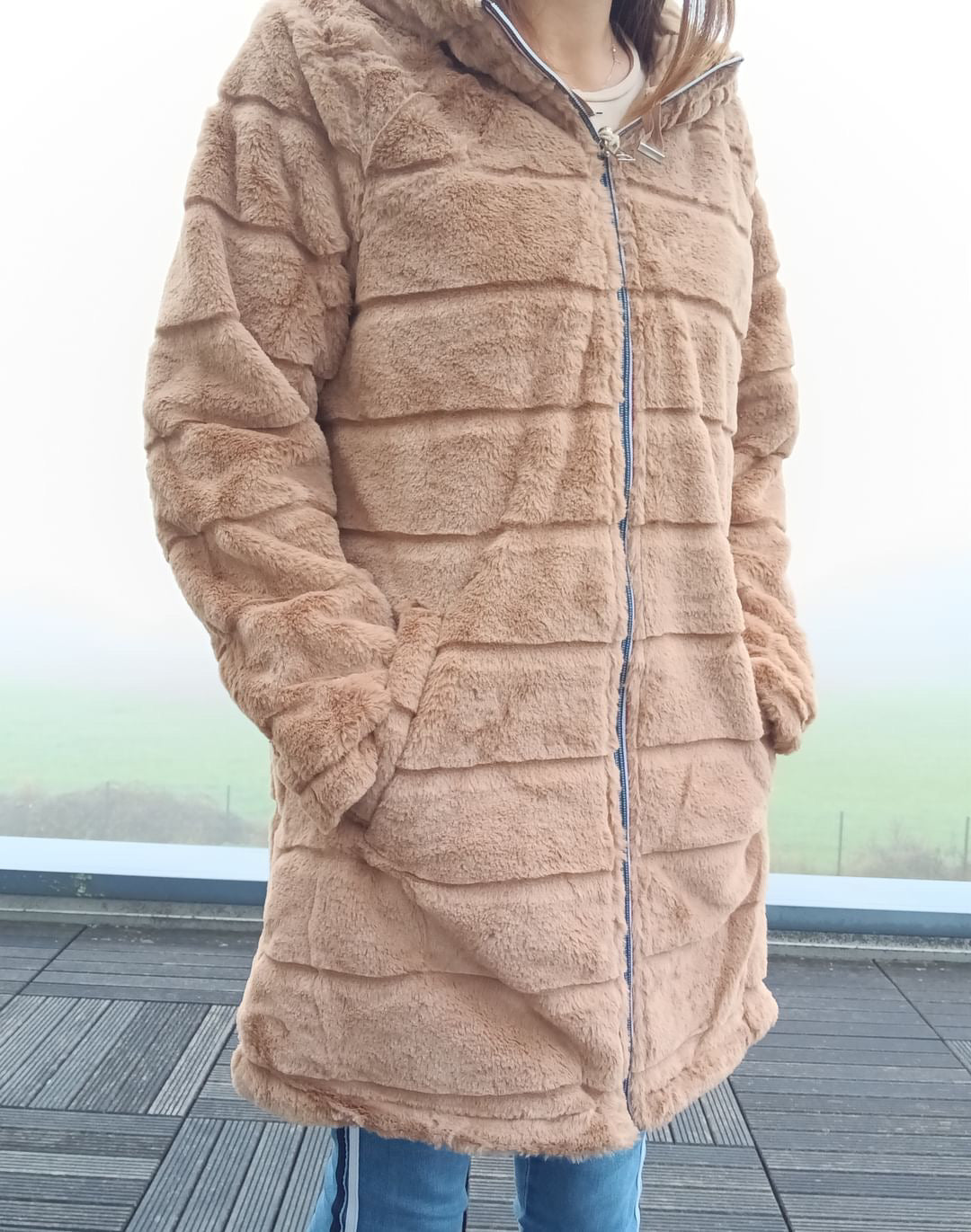 New Lolo - Manteau long CAMEL réversible, imperméable et complètement fourré resserrable à la taille