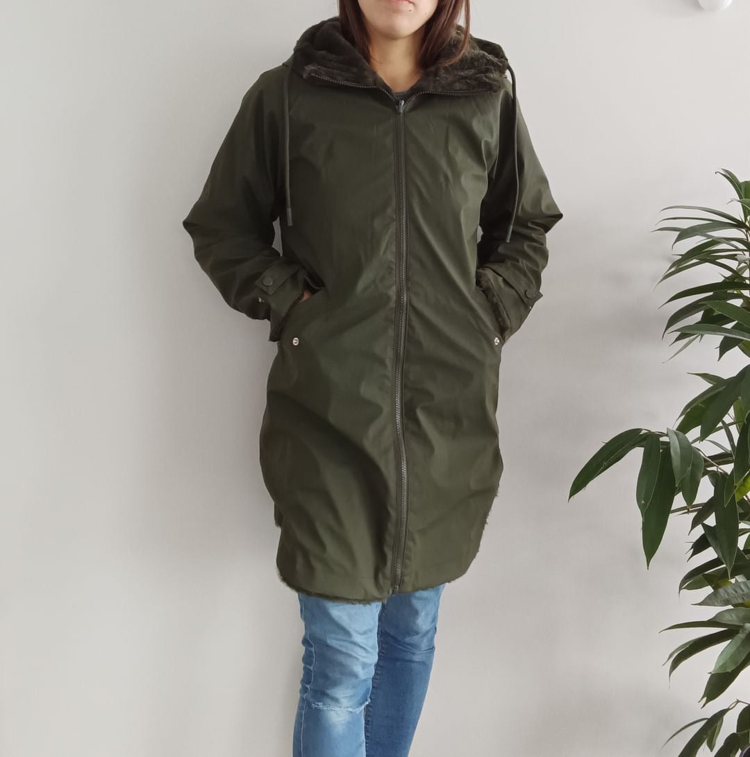 Melya Melody - Manteau long mi cuisses type ciré imperméable fourré réversible kaki