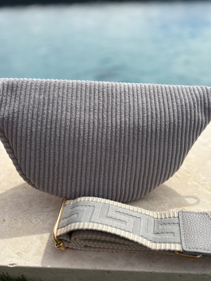 Sac banane velours côtelé 2 poches gris sangle fantaisie