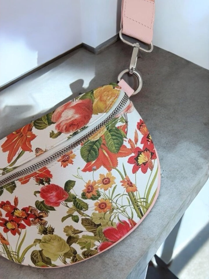 Sac banane simili cuir fleuri multicolore et rose pâle