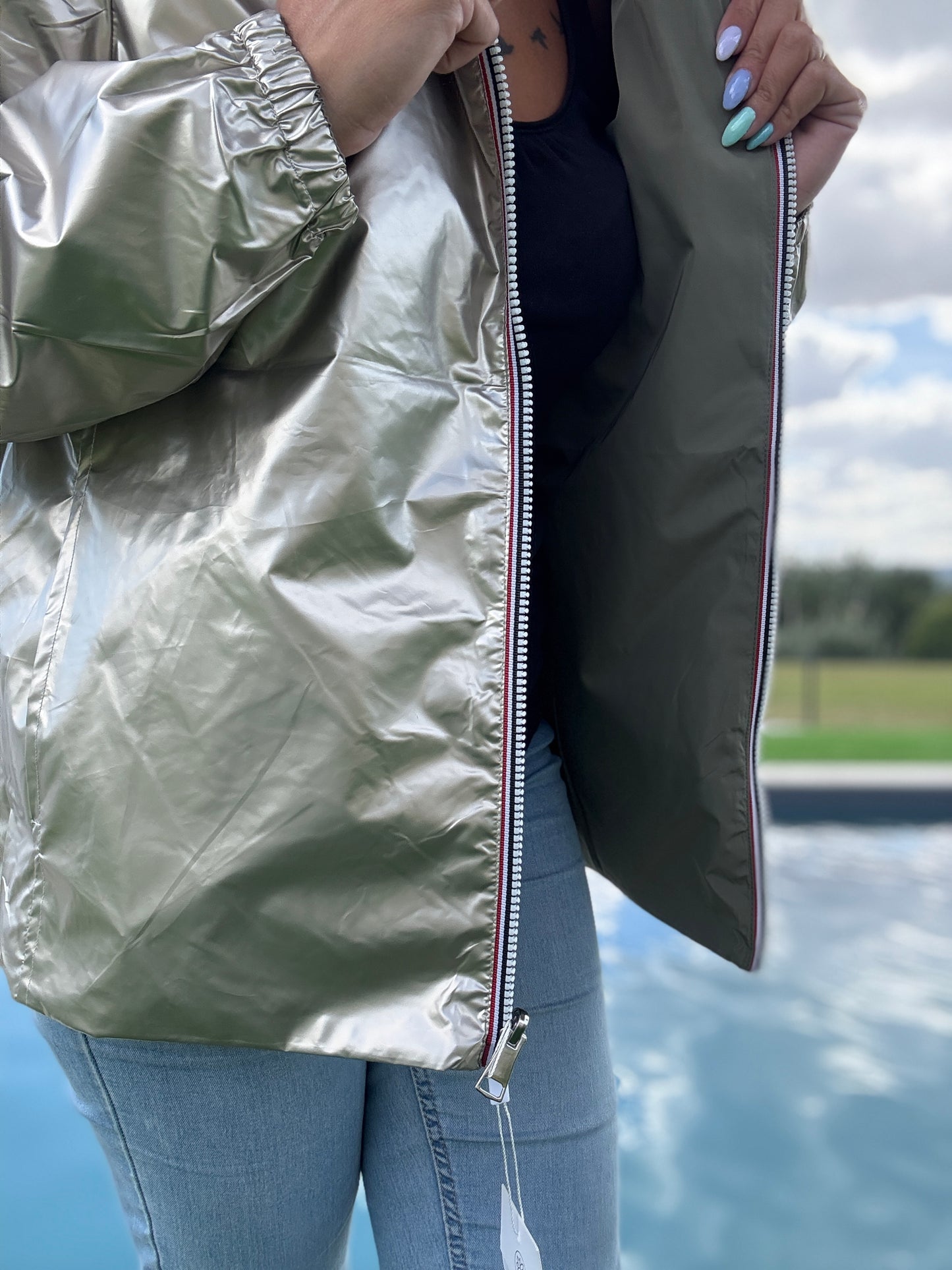 Melya Melody - Manteau court imperméable kaki réversible doré