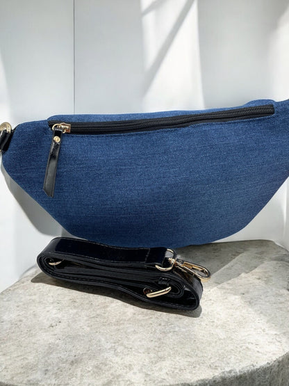 Sac banane tissu jean foncé et noir