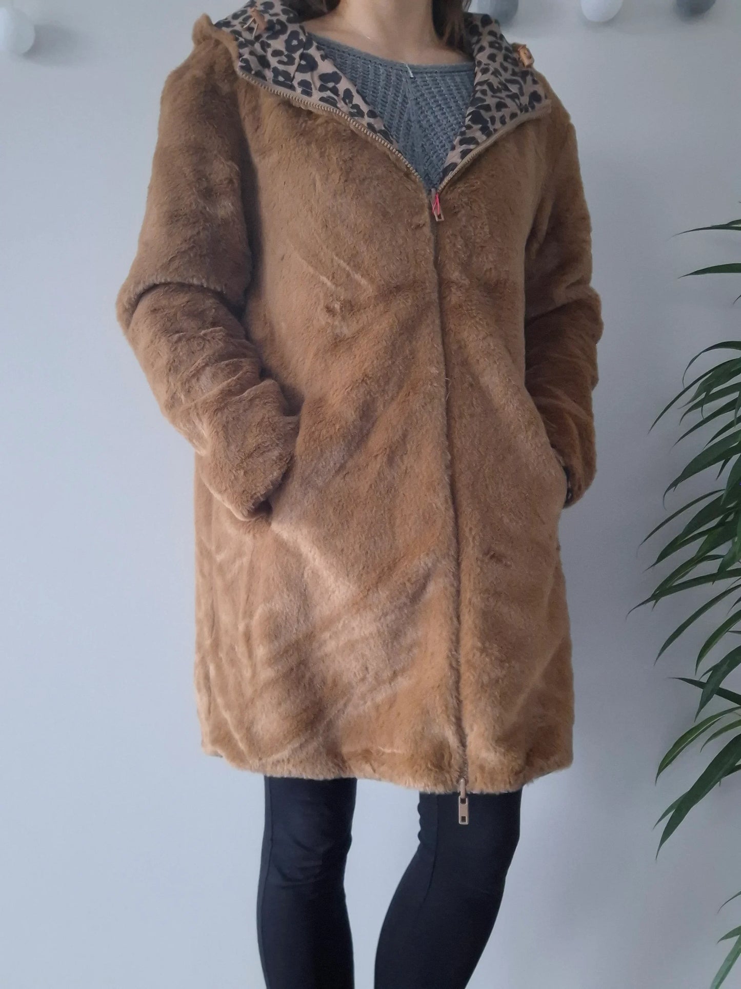 Escandelle - Manteau long réversible et imperméable léopard fourré fausse fourrure marron