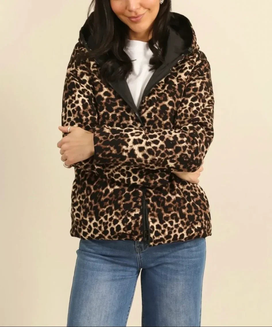 Laura Jo - Imperméable noir réversible léopard court mi-saison garnissage ouate