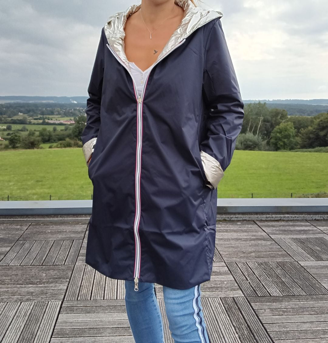 Imperméable réversible long mi-saison garnissage ouate Marque Laura Jo Bleu Marine / Doré