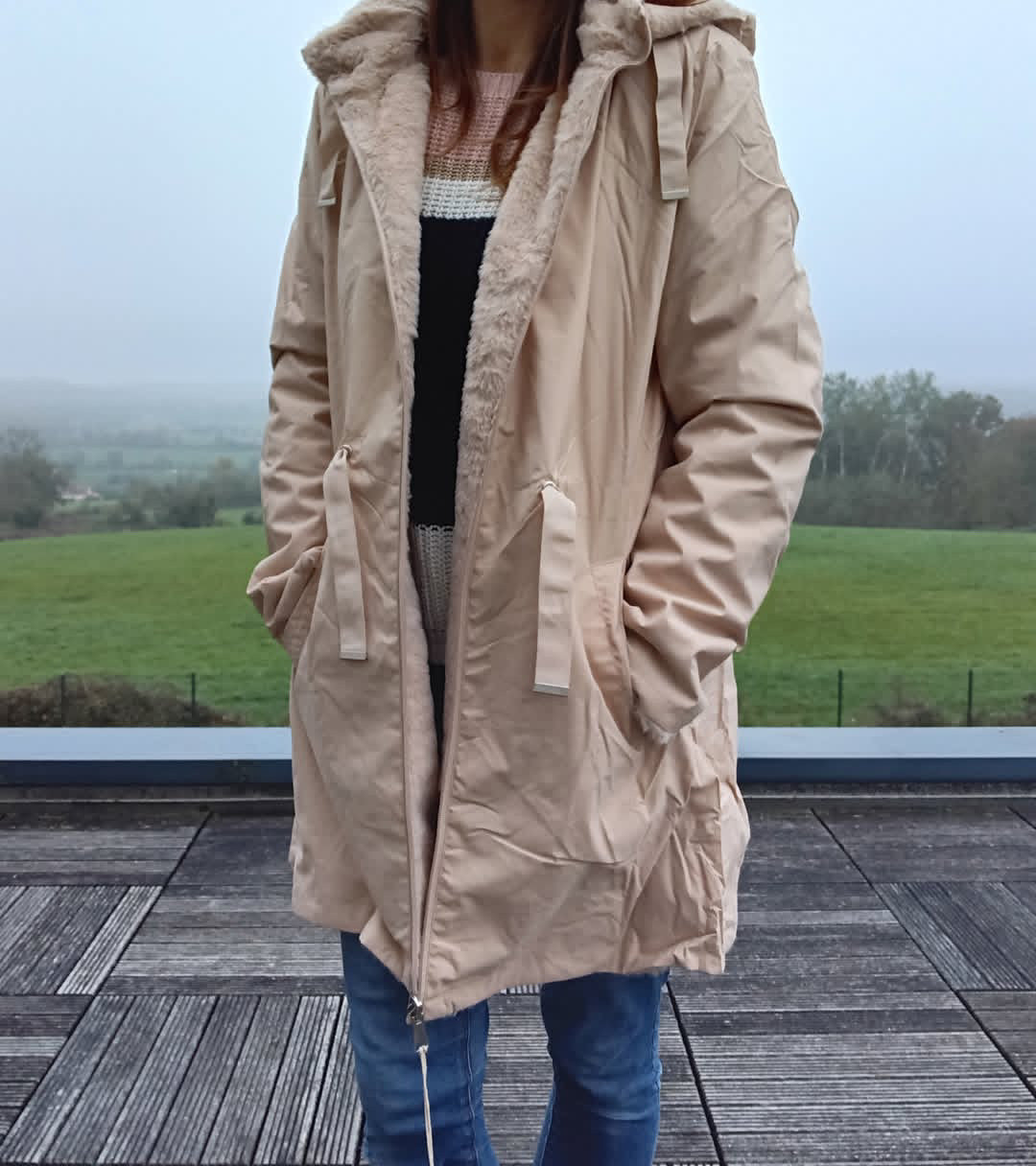 New Lolo - Manteau long BEIGE zip uni réversible, imperméable et complètement fourré resserrable à la taille