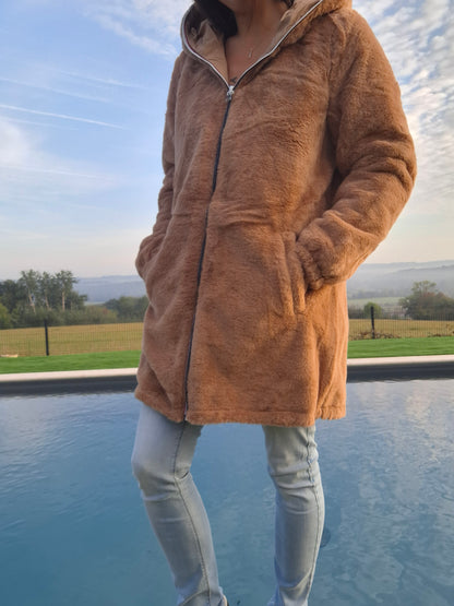 New Lolo - Manteau long camel clair fourré complet réversible imperméable
