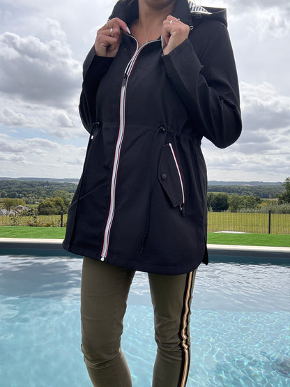 New Lolo - Manteau mi long deperlant léger noir capuche intérieur marin rayé noir blanc