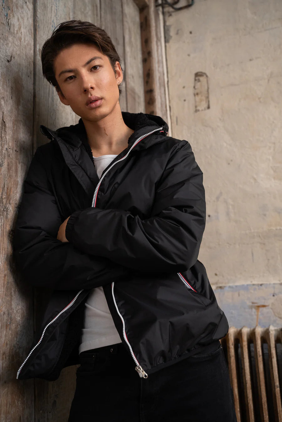 Laura Jo - Manteau HOMME imperméable court fourré fausse fourrure sherpa noir