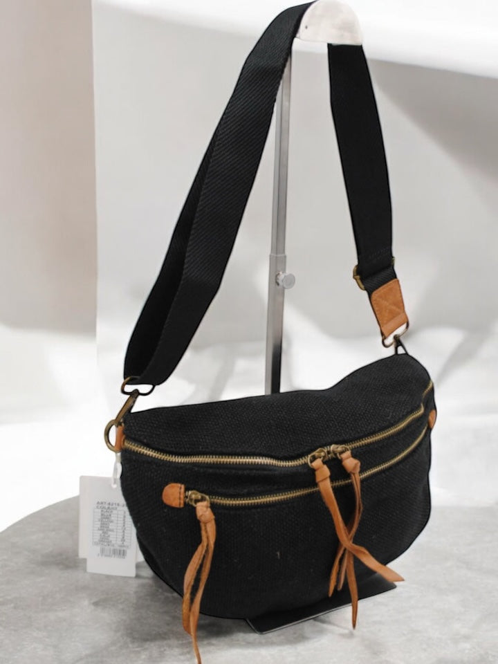 Sac banane en jute noir 2 poches doubles curseurs