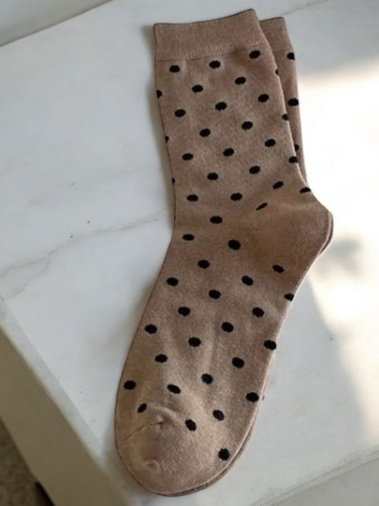 Nouveautés - Chaussettes marrons en coton à motifs pois noirs