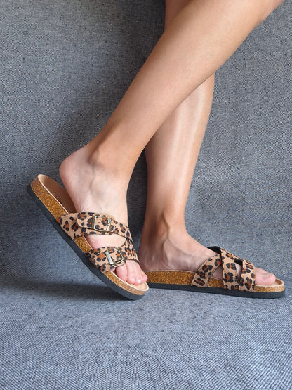 Chaussures sandales type Birk à 2 brides léopard beige semelle intérieure cuir