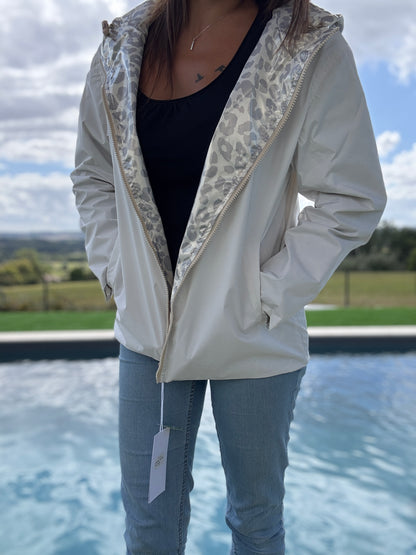 Escandelle - Manteau parka court mi fesses imperméable réversible léopard argenté blanc
