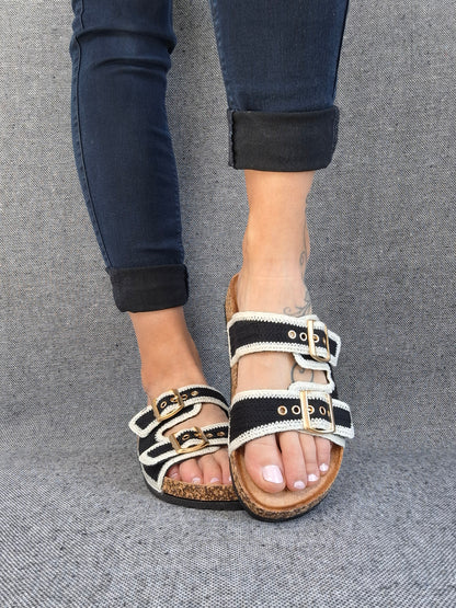 Chaussures sandales type birk 2 brides tissu bicolore noir et beige