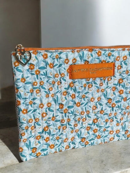 Pochette trousse porte monnaie coton matelassé liberty fleuri orange La Ptite Cachottiere