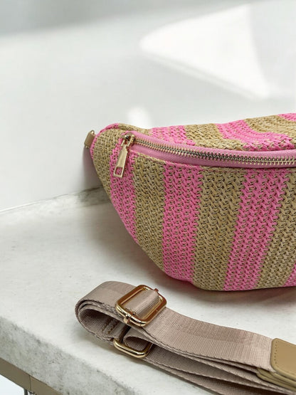 Sac banane tressé raphia beige et rose