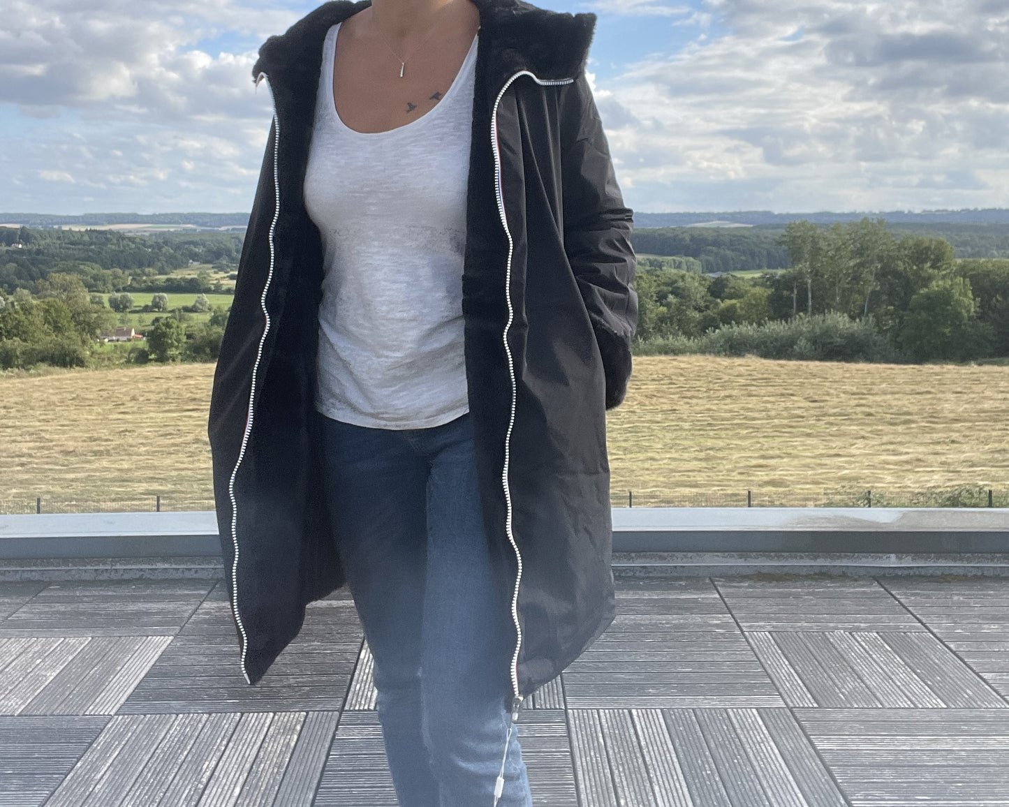 Melya Melody - Manteau long fourré fausse fourrure réversible imperméable noir - Curvy