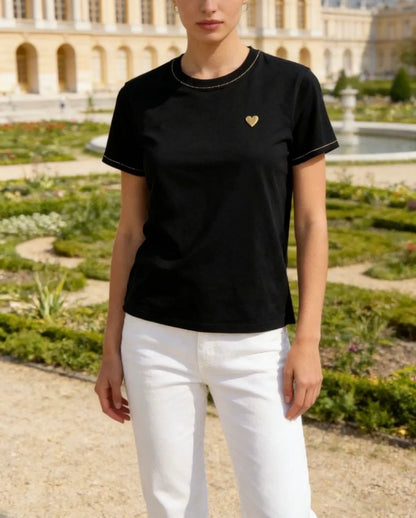 T-shirt femme en coton avec cœur doré brodé – Coupe classique chic couleur Noir