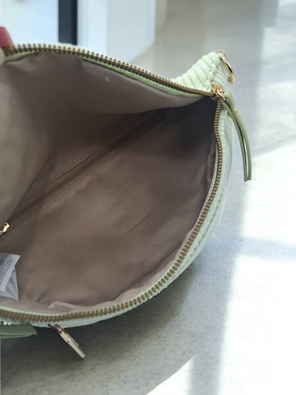 Sac banane velours côtelé 2 poches vert clair vert d'eau sangle fantaisie