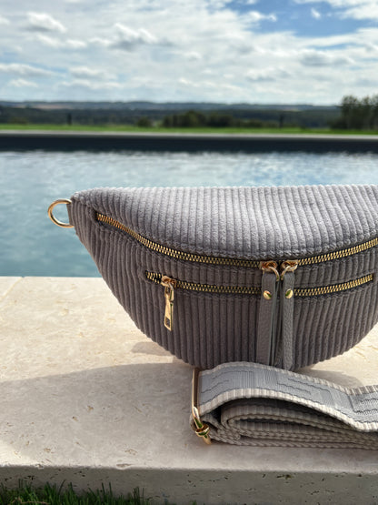 Sac banane velours côtelé 2 poches gris sangle fantaisie