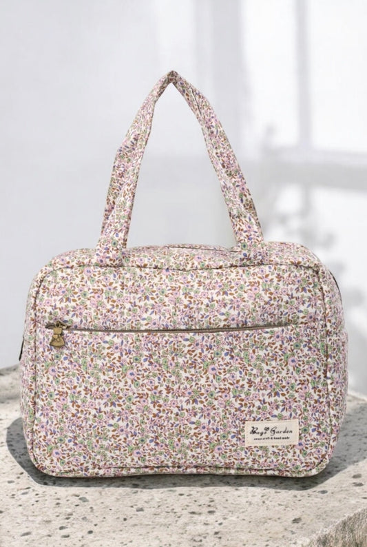 Sac polochon week-end motif liberty fleurs colorées rose et violet