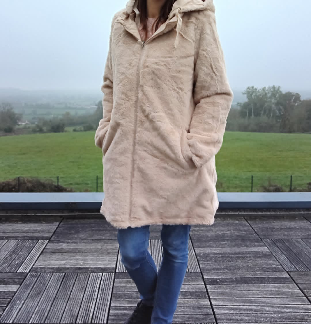 New Lolo - Manteau long BEIGE zip uni réversible, imperméable et complètement fourré resserrable à la taille