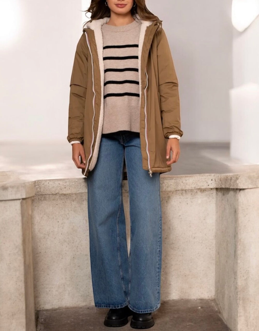 Laura Jo - Imperméable fourré long fausse fourrure camel intérieur sherpa beige