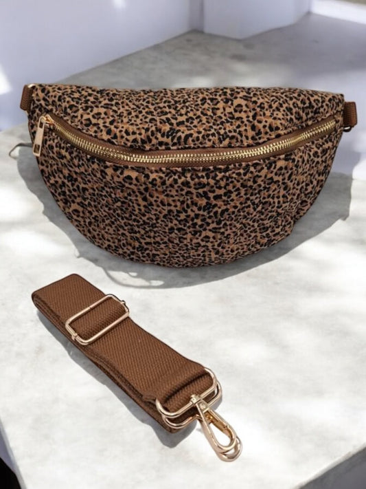 Sac banane camel motifs léopard matelassé en coton