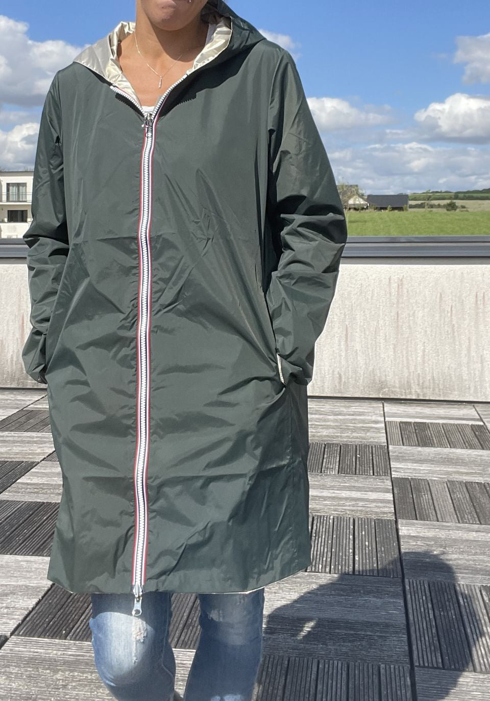 Imperméable réversible long sans garnissage ouate couleur vert forêt/doré marque Laura Jo