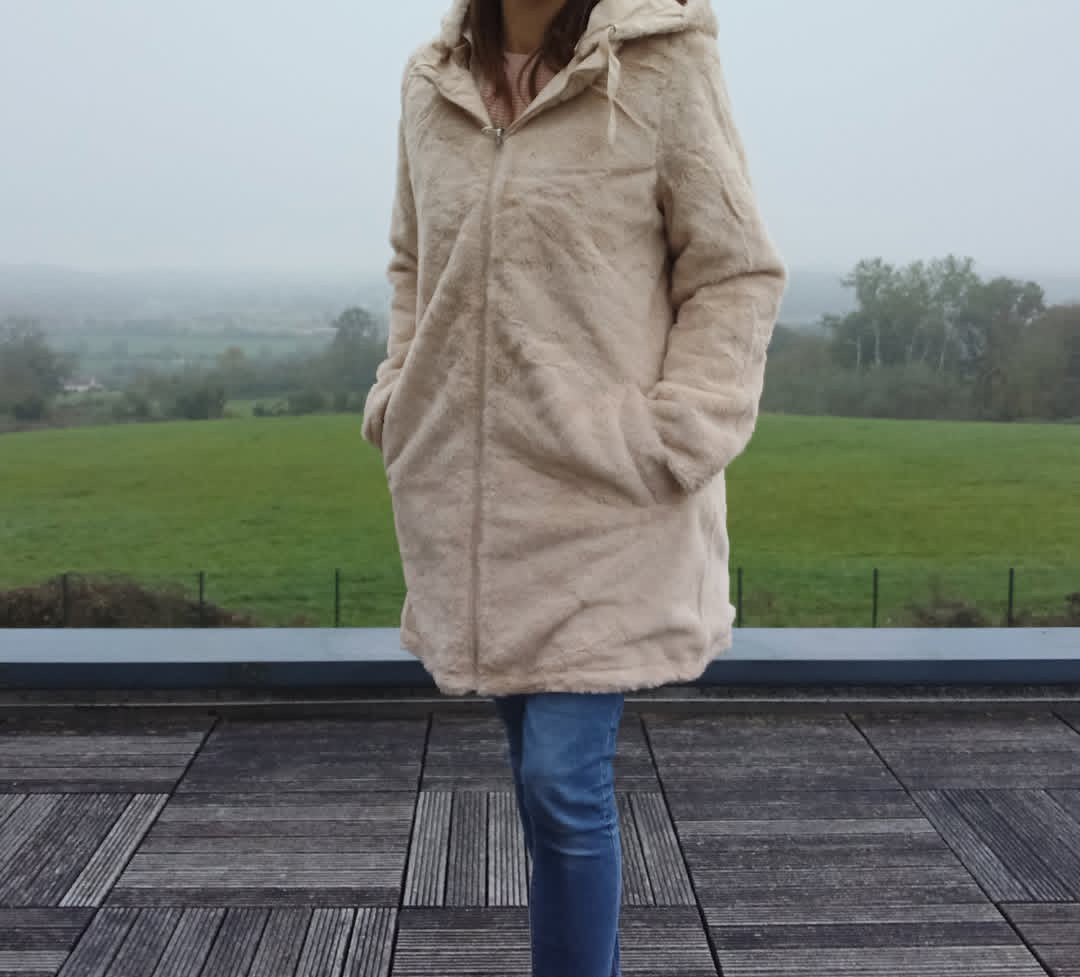 New Lolo - Manteau long BEIGE zip uni réversible, imperméable et complètement fourré resserrable à la taille