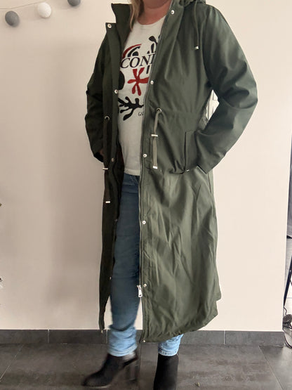 Manteau long type trench ciré hauteur genoux kaki fourré imperméable - Curvy