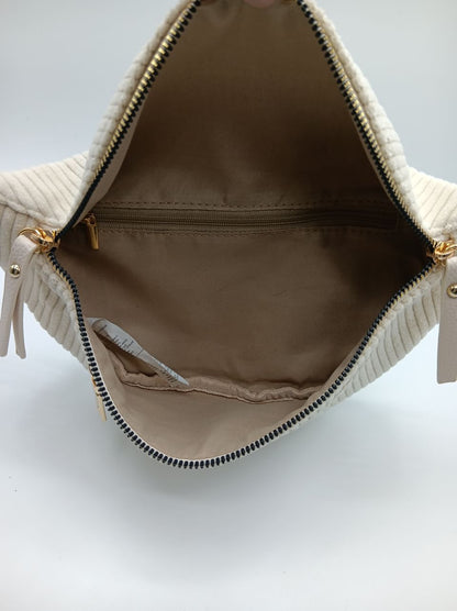 Sac banane velours côtelé 2 poches beige clair sangle fantaisie