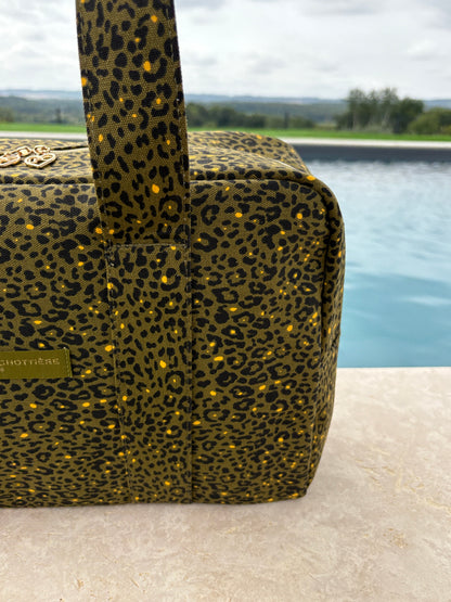 Sac week-end de voyage polochon coton fin léopard kaki