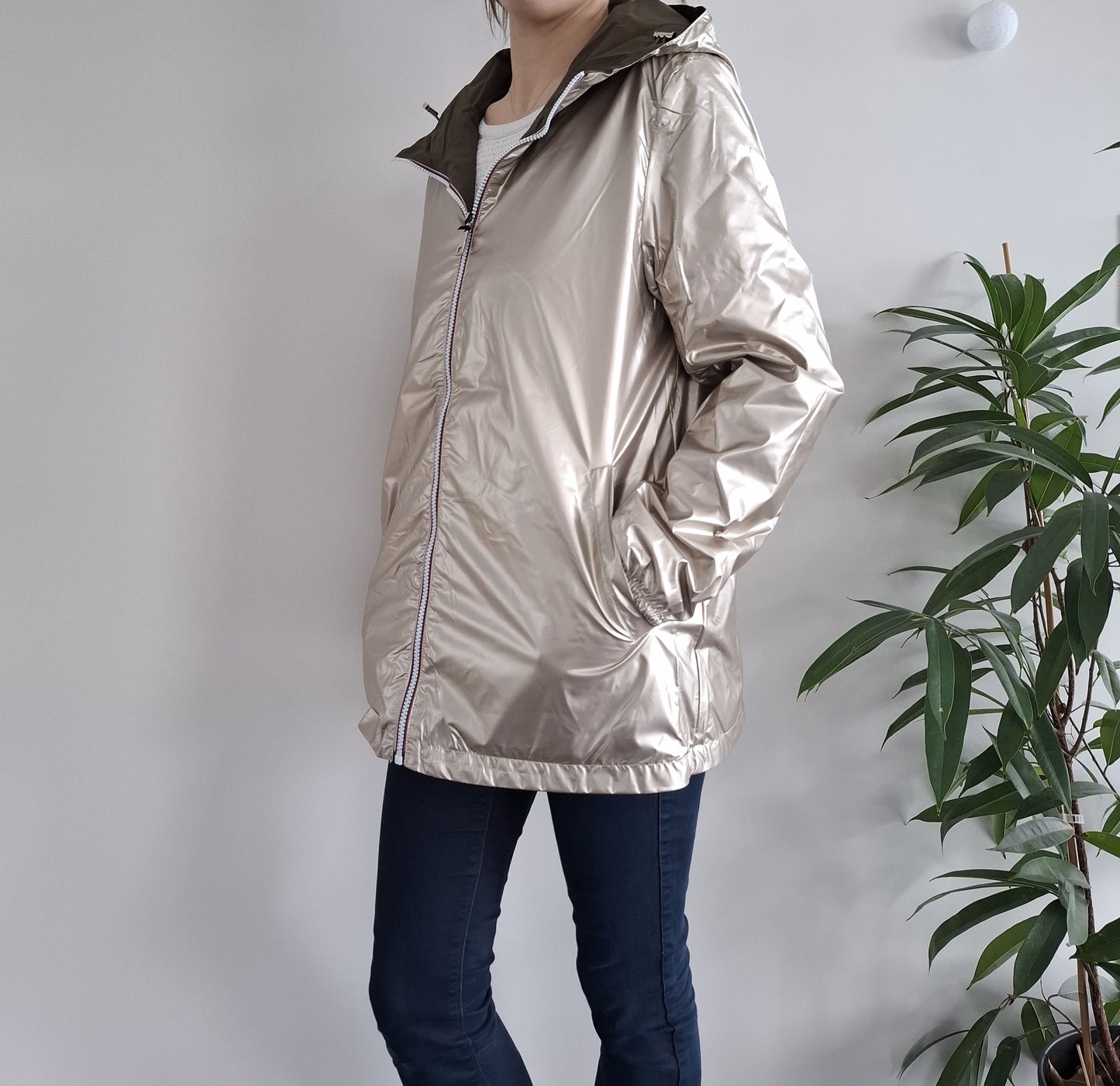 Manteau imperméable réversible mi-long léger Kaki/doré