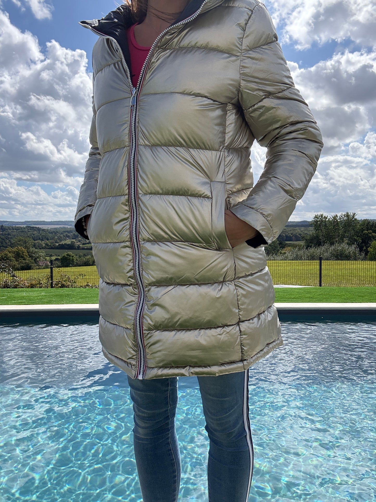Melya Melody - Manteau long réversible et imperméable matelassé bleu marine doré